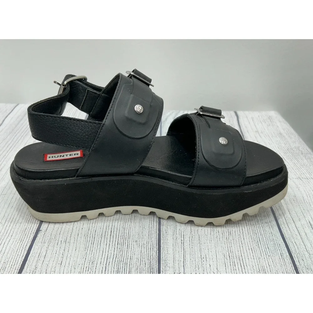 Hunter Sandals Womens Size 8? Black Leather Double Buckle Strap Platform Chunky